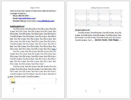 Page break example with subheading and table